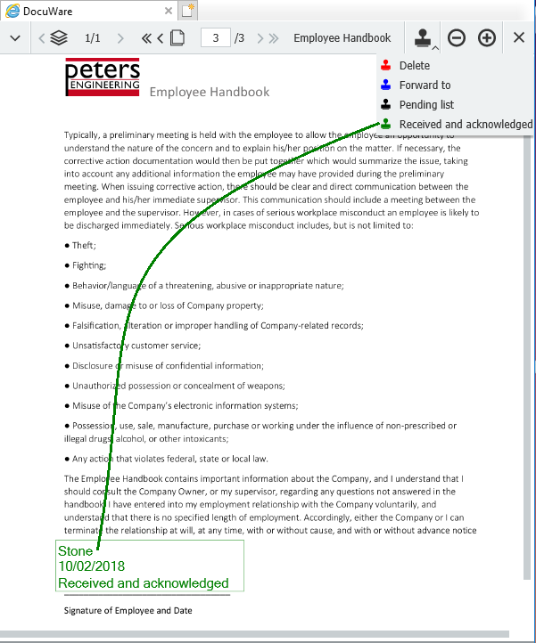An employee opens the link and then confirms receiving the information with a stamp  
